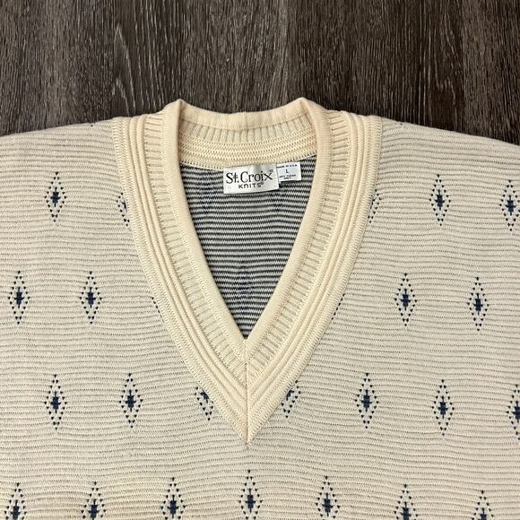 EUC Vintage St. Croix Knits Wool V Neck Sweater Cream Blue Diamond USA Made Sz L - Picture 3 of 16
